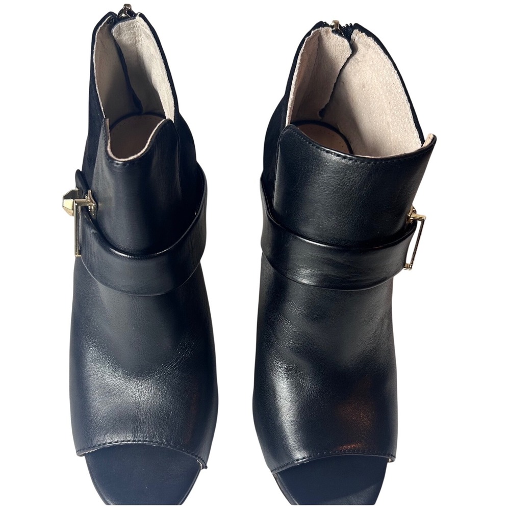 Louise et Cie Black Leather Suede Peep Toe Stiletto Ankle Booties Gold Zip 7.5M